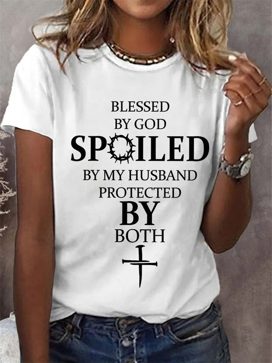 Women's Blessed By God Spoiled By My Husband Protected By Both Casual Tee - trupatriotic