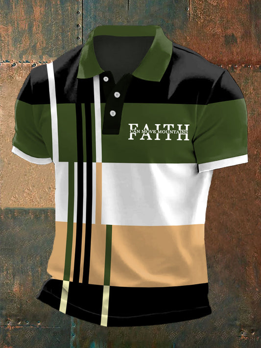 Men's Faith Can Move Mountains Colorblock Print Casual Polo - trupatriotic