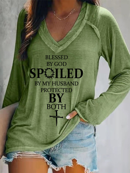 Women's Blessed By God Spoiled By My Husband Protected By Both Casual Long-Sleeve V-Neck Tee - trupatriotic