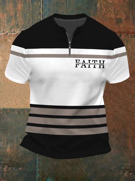 Men's Faith Can Move Mountains Stripes Print Casual Zip Tee - trupatriotic