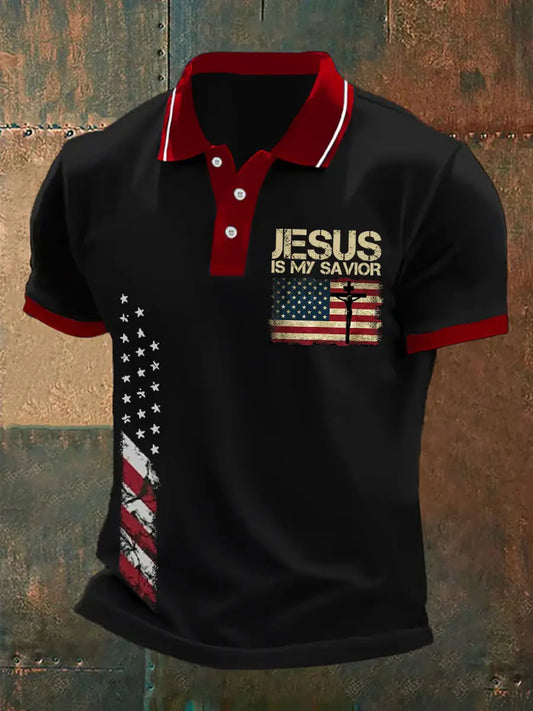 Men's Jesus Is My Savior American Flag Print Casual Polo trupatriotic