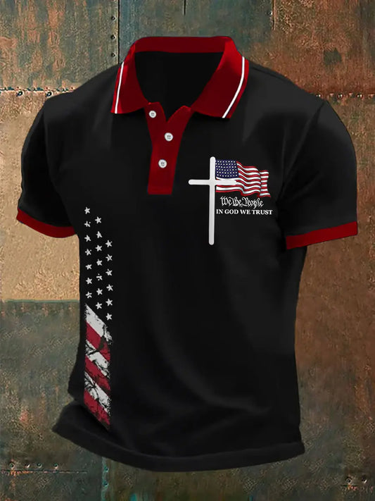 Men's We The People In God We Trust American Flag Print Casual Polo trupatriotic