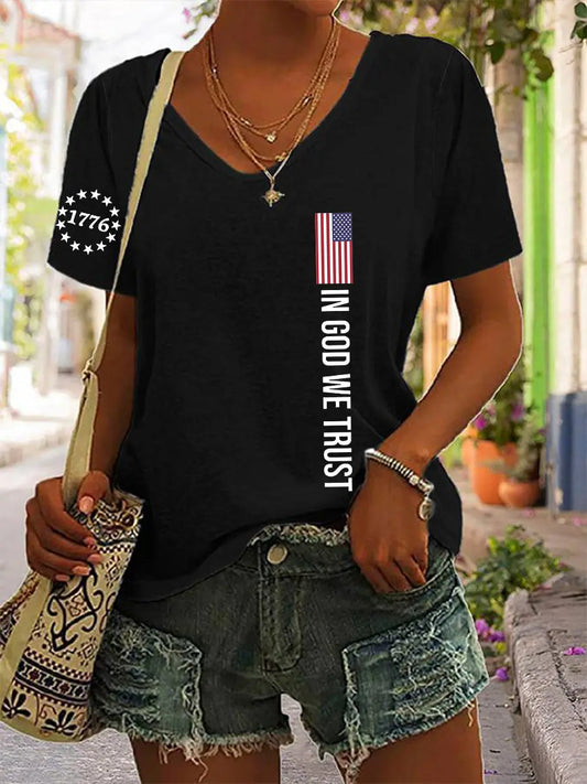 Women's In God We Trust Flag Printed Cotton V-neck T-shirt trupatriotic
