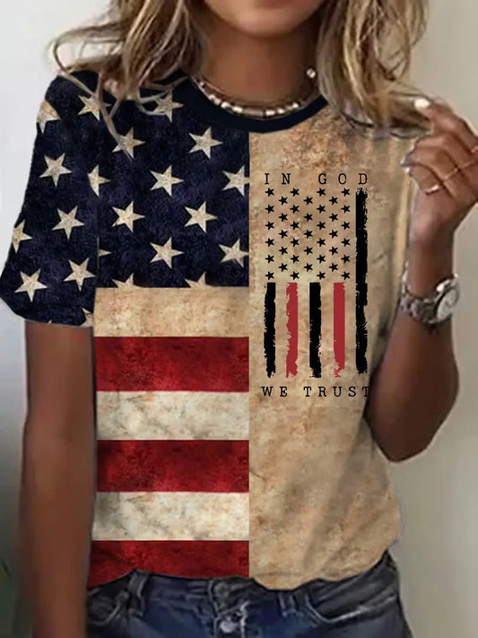 Women's In God We Trust Flag Printed Short Sleeve O-neck T-shirt trupatriotic