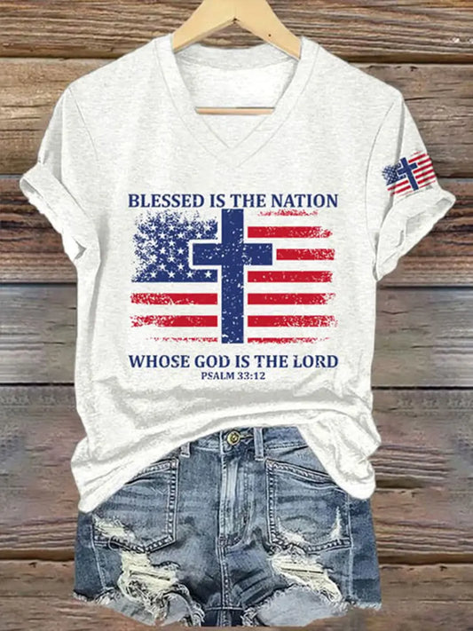 Women's Blessed Is The Nation Whose God Is The Lord Short Sleeve T-Shirt trupatriotic