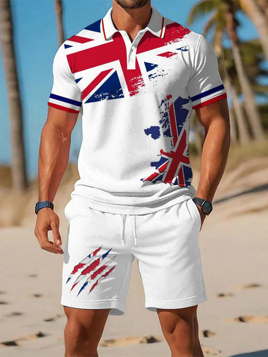 Men's Union Jack Print Casual Polo Set trupatriotic