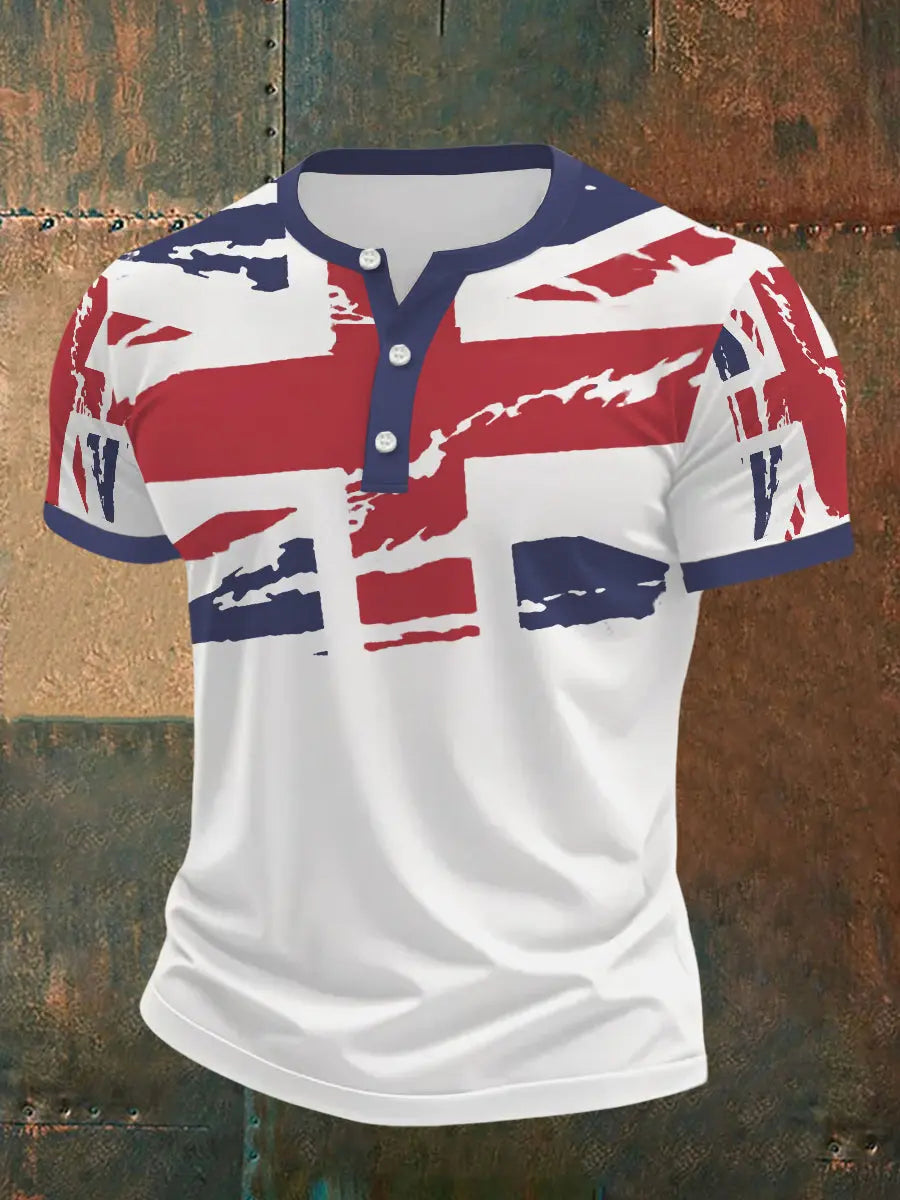 Men's UK Flag Print Casual Henley Neck Tee trupatriotic