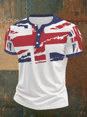 Men's UK Flag Print Casual Henley Neck Tee trupatriotic