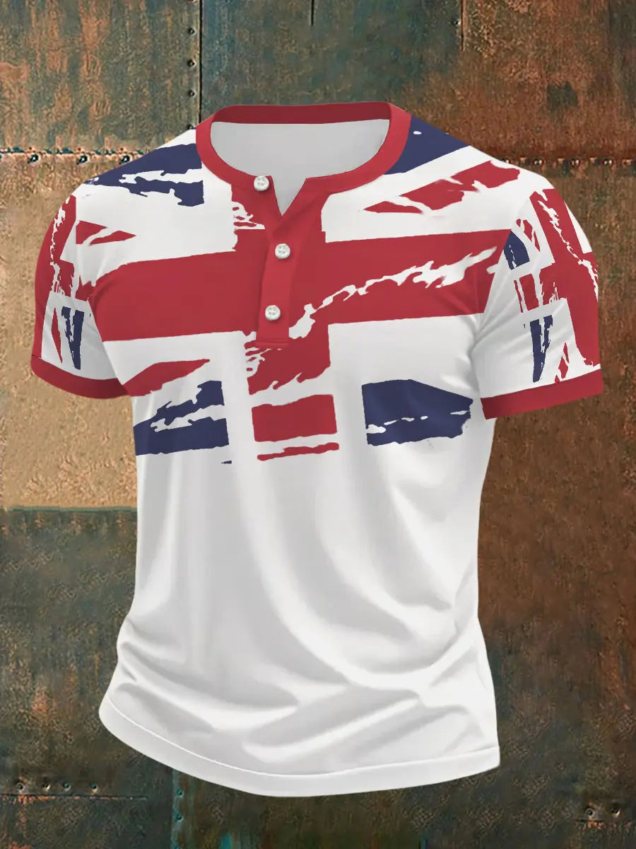 Men's UK Flag Print Casual Henley Neck Tee trupatriotic