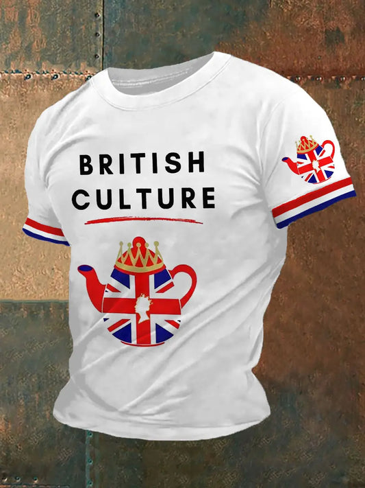 Men's British Culture Union Jack Flag Tea Pot Print Casual Tee trupatriotic