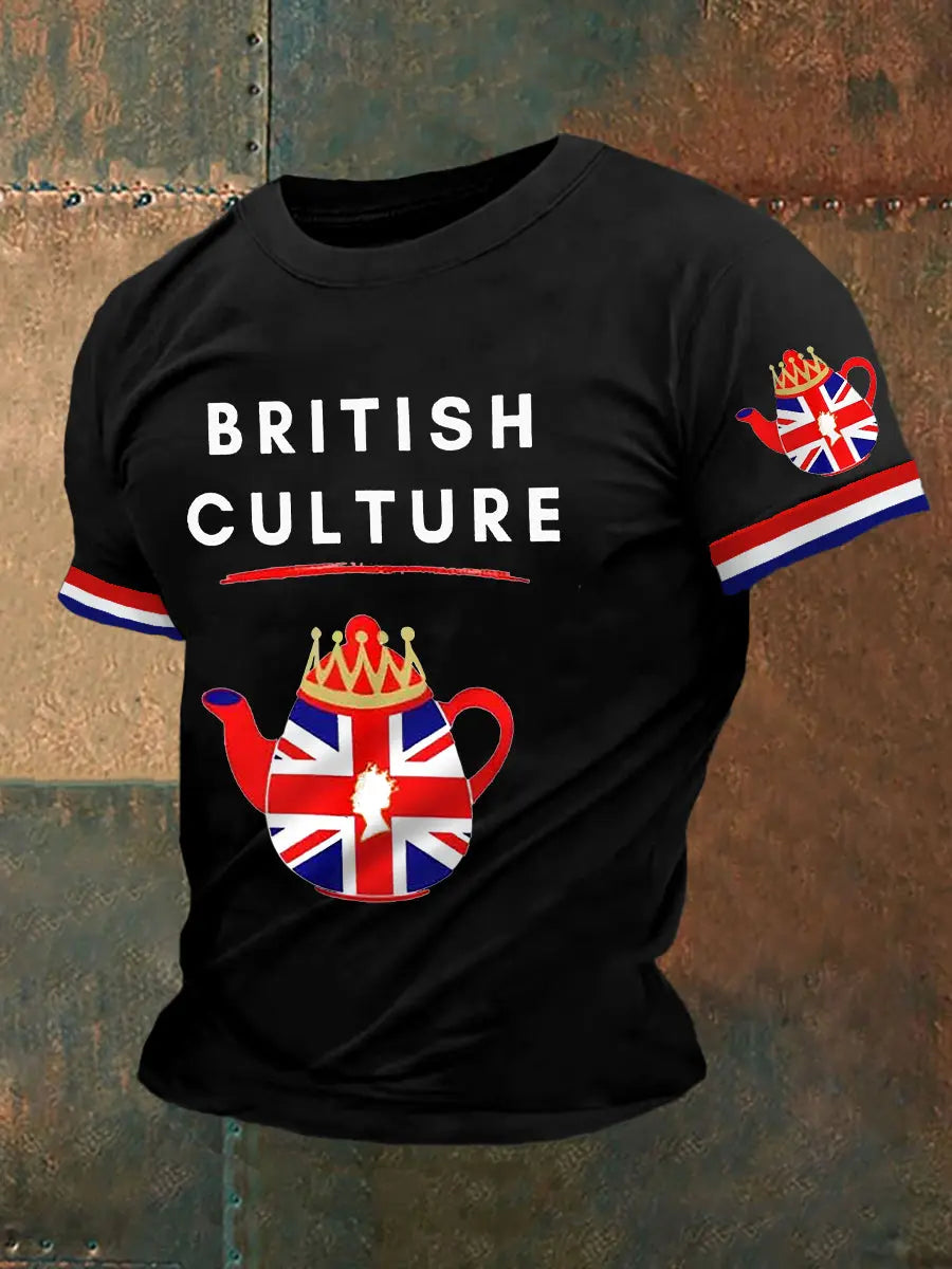 Men's British Culture Union Jack Flag Tea Pot Print Casual Tee trupatriotic