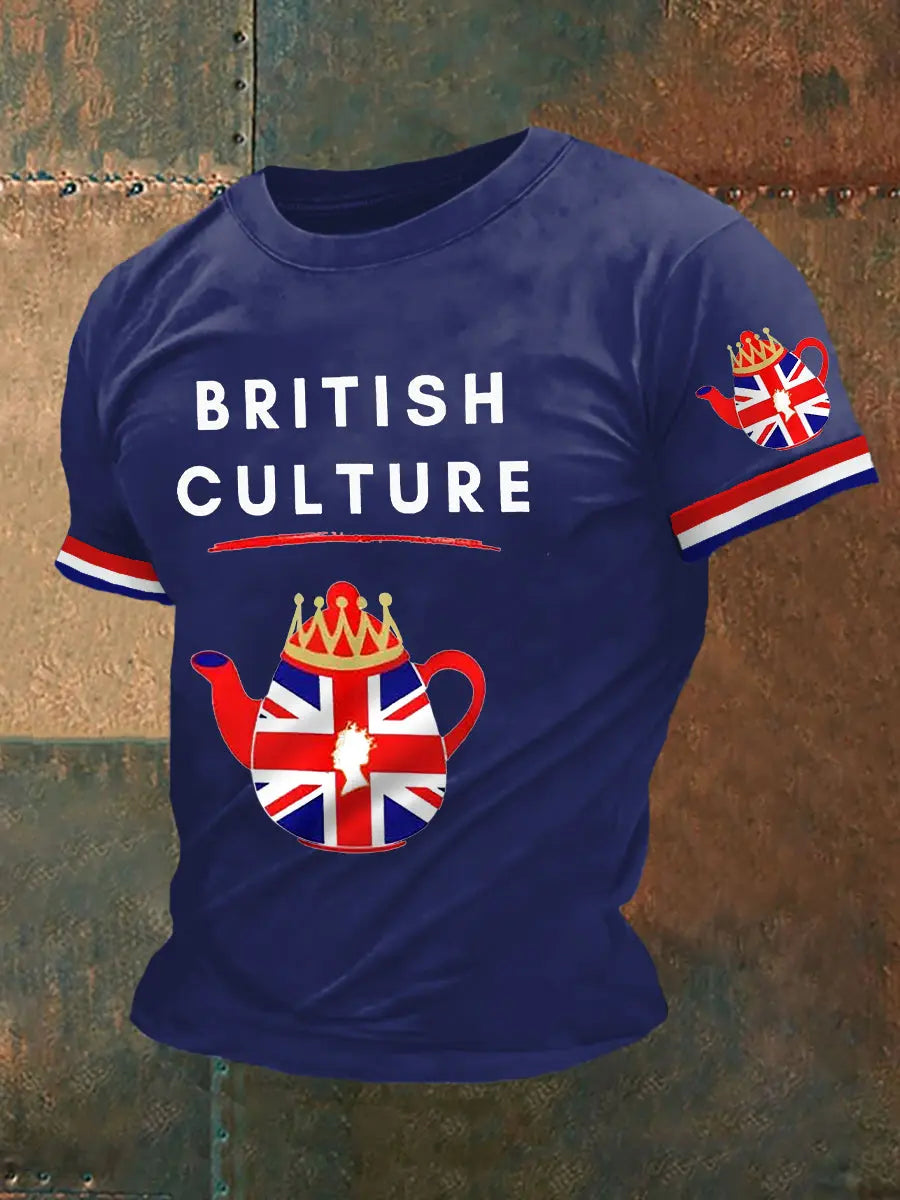 Men's British Culture Union Jack Flag Tea Pot Print Casual Tee trupatriotic