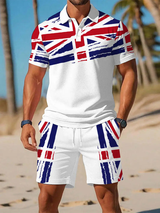 Men's UK Flag Print Casual Polo Two-Piece Sets trupatriotic
