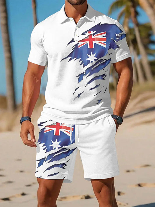 Men's UK Flag Print Casual Polo Two-Piece Sets trupatriotic