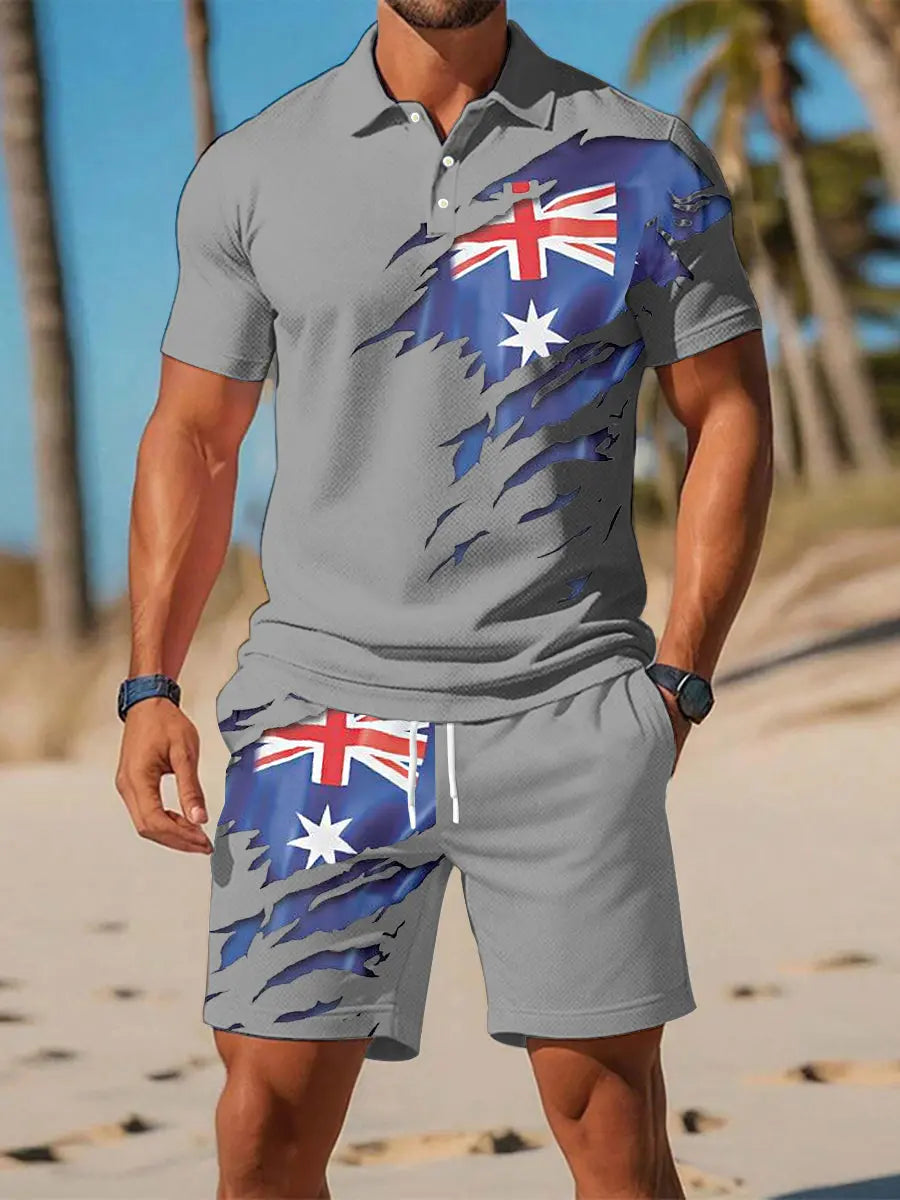 Men's UK Flag Print Casual Polo Two-Piece Sets trupatriotic