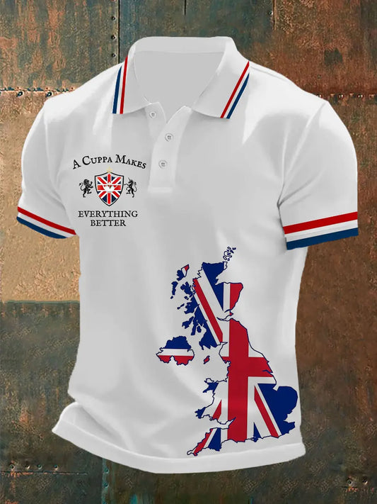 Men's A CUPPA MAKES EVERYTHING BETTER England Flag Printed Short Sleeve POLO T-shirt trupatriotic
