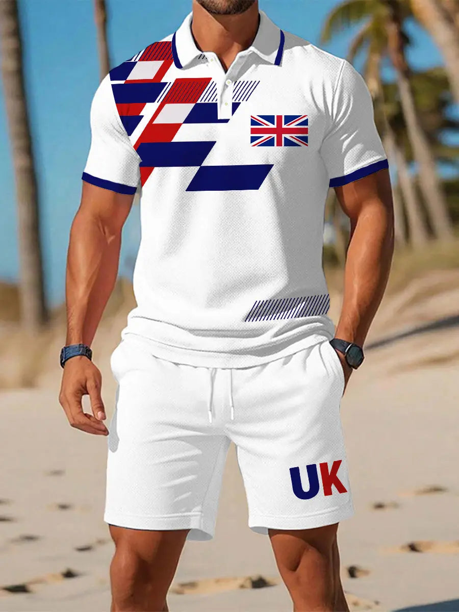Men's UK Flag Print Casual Polo Two-Piece Sets trupatriotic