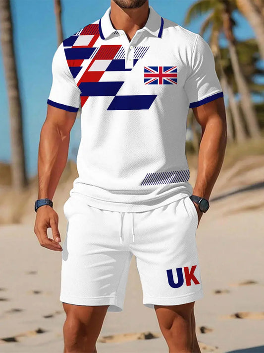 Men's UK Flag Print Casual Polo Two-Piece Sets trupatriotic