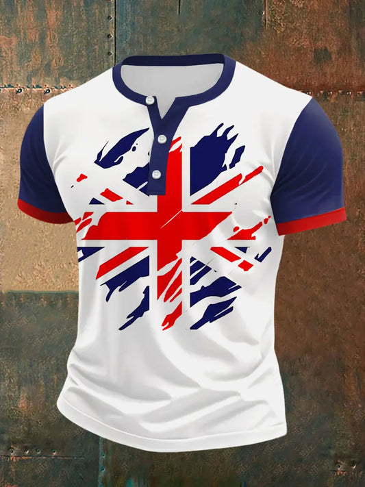 Men's UK Flag Print Casual Henley Neck Tee trupatriotic