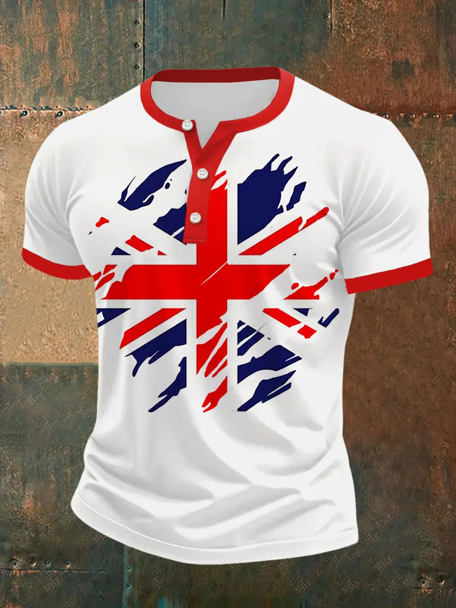 Men's UK Flag Print Casual Henley Neck Tee trupatriotic