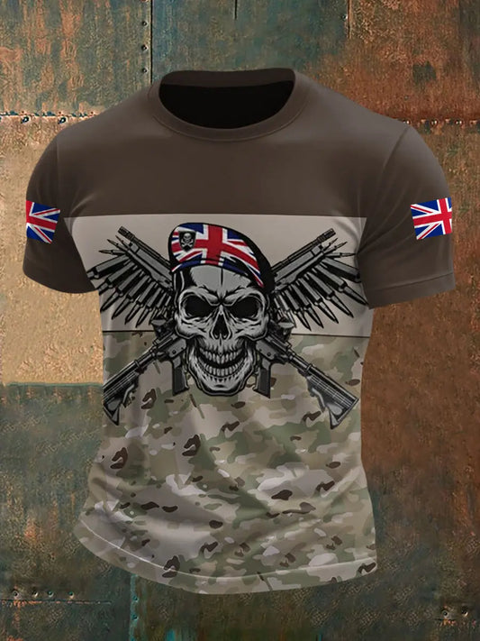 Men's UK Flag Camouflage Skull Print Casual Tee trupatriotic