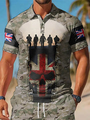 Men's UK Flag Camouflage Skull Print Casual Polo Two-Piece Set trupatriotic