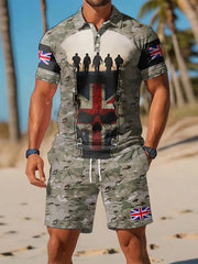 Men's UK Flag Camouflage Skull Print Casual Polo Two-Piece Set trupatriotic