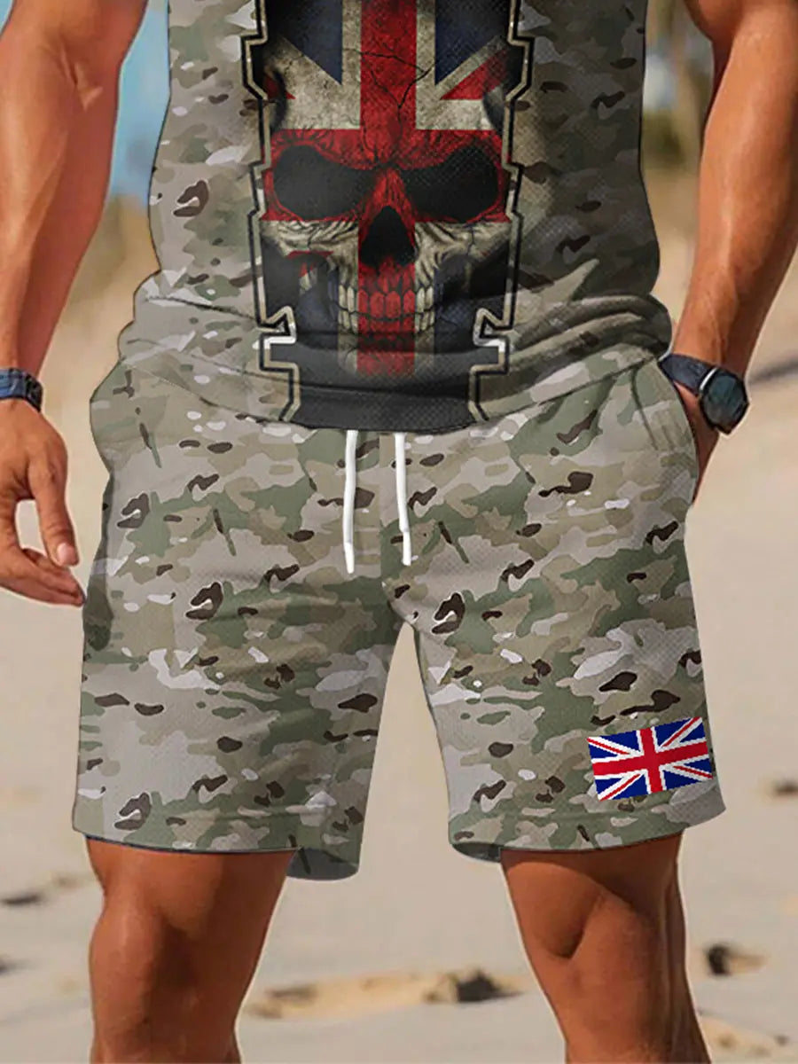Men's UK Flag Camouflage Skull Print Casual Polo Two-Piece Set trupatriotic