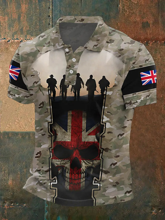 Men's UK Flag Camouflage Skull Print Casual Polo trupatriotic