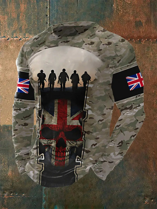 Men's UK Flag Camouflage Skull Print Casual Long-Sleeve T-Shirt trupatriotic