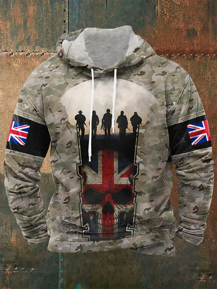 Men's UK Flag Camouflage Skull Print Casual Hoodie trupatriotic