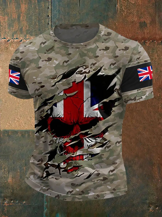 Men's UK Flag Skull Camouflage Print Casual Tee trupatriotic