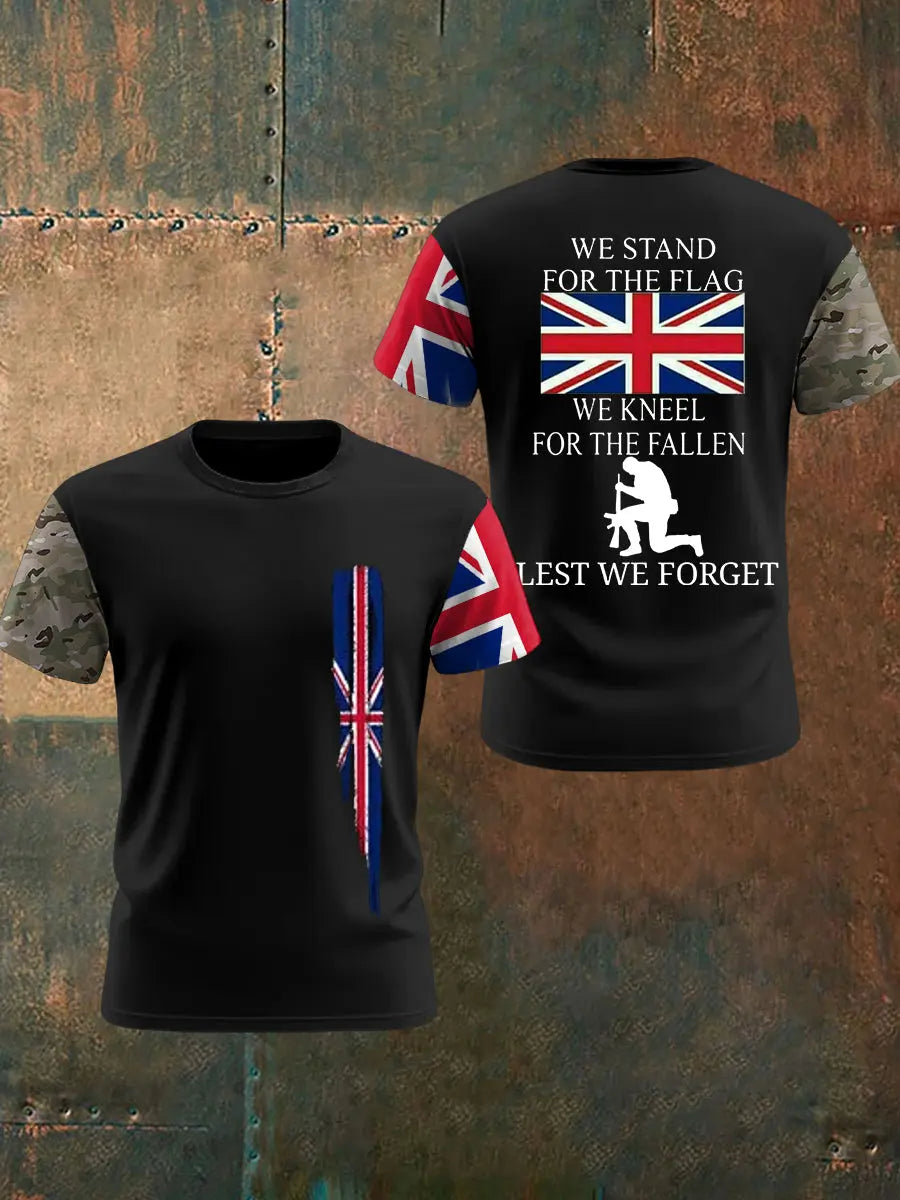 Men's We Stand For The Flag We Kneel For The Fallen Lest We Forget, UK Flag Camouflage Print Casual Tee trupatriotic