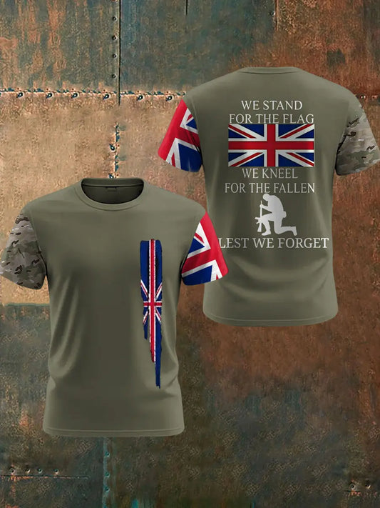 Men's We Stand For The Flag We Kneel For The Fallen Lest We Forget, UK Flag Camouflage Print Casual Tee trupatriotic