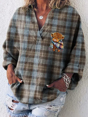 Women's Scottish Plaid Highland Cow Print Vintage Casual Long Sleeve Shirt trupatriotic