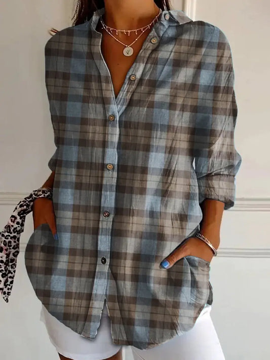 Women's Scottish Plaid Print Vintage Casual Long Sleeve Shirt trupatriotic