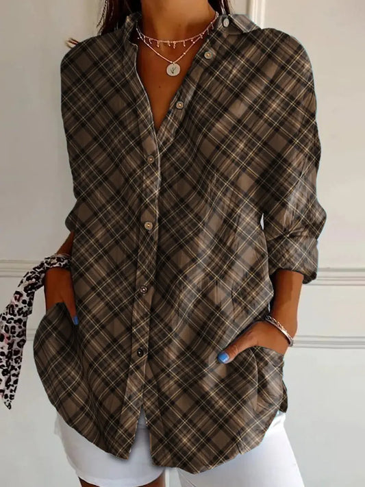 Women's Scottish Plaid Print Vintage Casual Long Sleeve Shirt trupatriotic