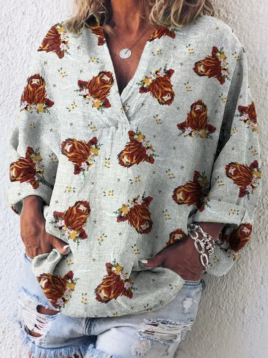Women's Scottish Highland Cow Print Vintage Casual Long Sleeve Shirt trupatriotic