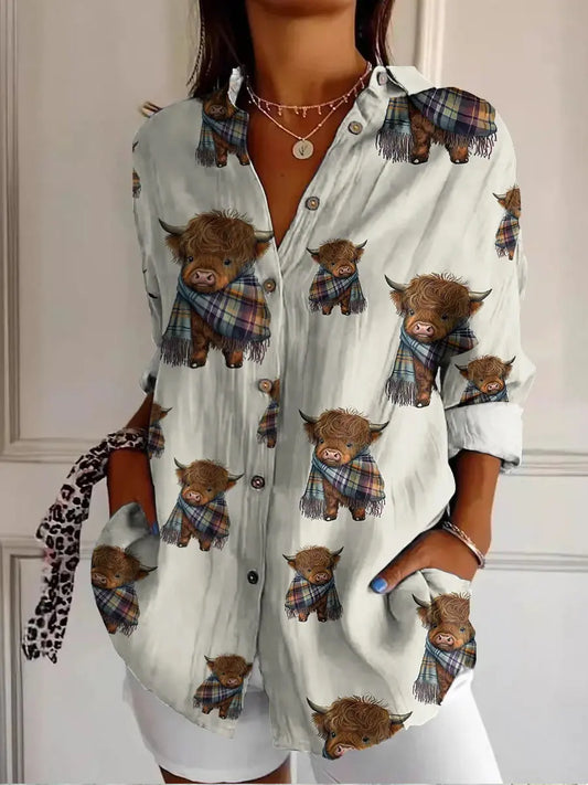 Women's Scottish Plaid Highland Cow Print Vintage Casual Long Sleeve Shirt trupatriotic