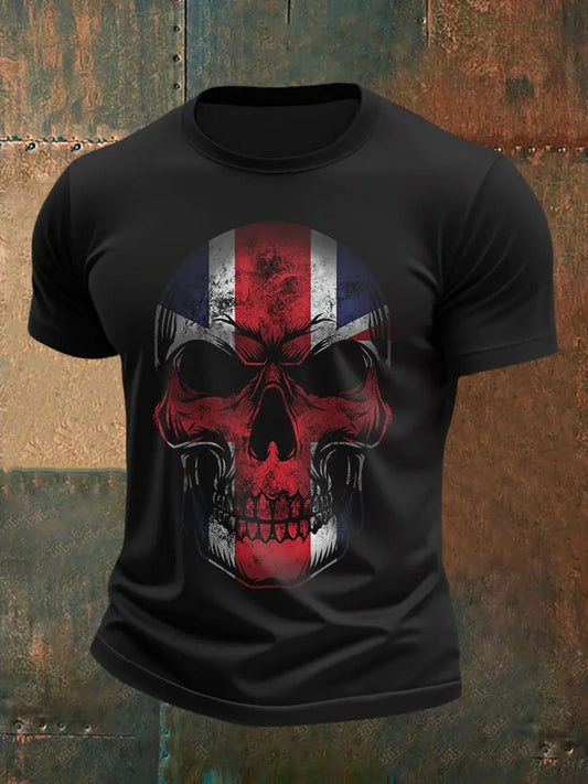 Men's UK Flag Skull Print Casual Tee trupatriotic