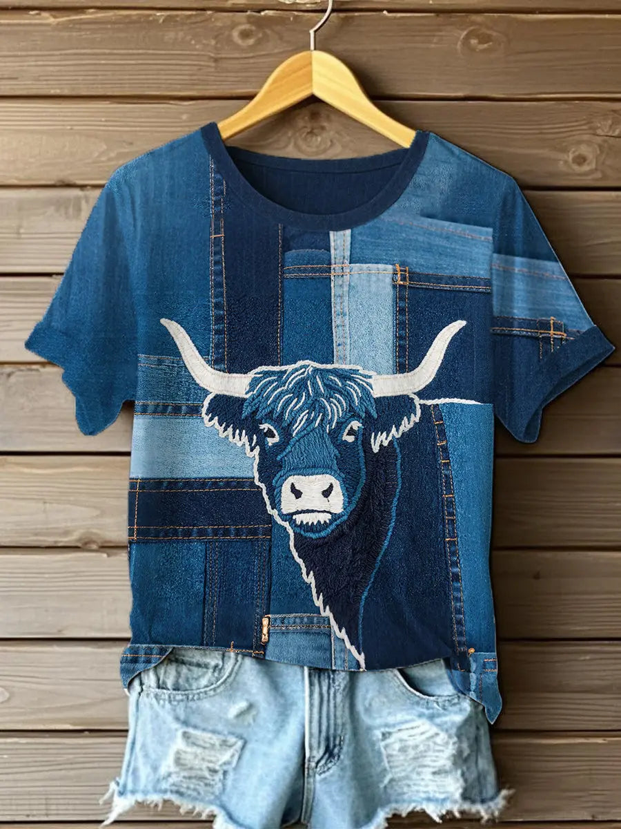 Women's Denim Highland Cow T-shirt trupatriotic