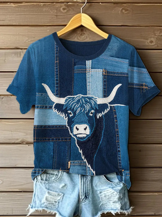 Women's Denim Highland Cow T-shirt trupatriotic