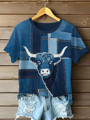 Women's Denim Highland Cow T-shirt trupatriotic