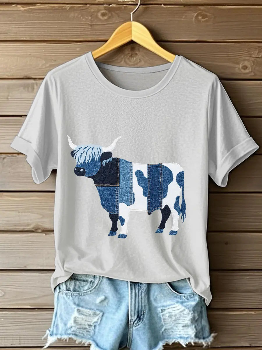 Women's Denim Highland Cow T-shirt trupatriotic