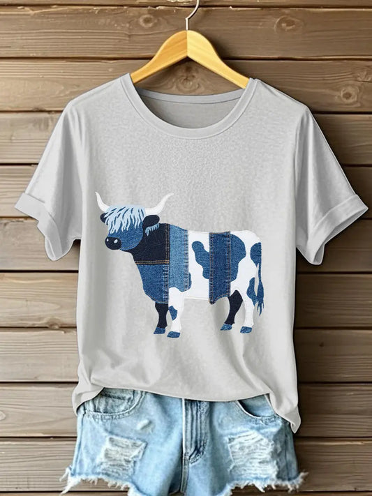 Women's Denim Highland Cow T-shirt trupatriotic