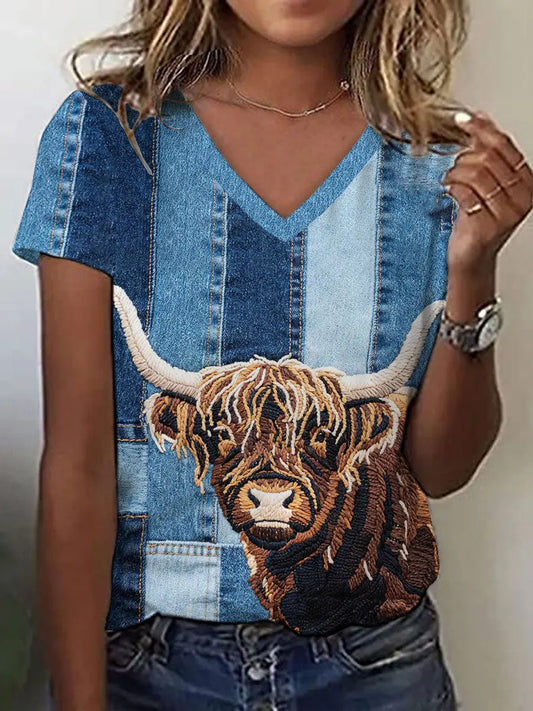 Women's Denim Highland Cow T-shirt trupatriotic