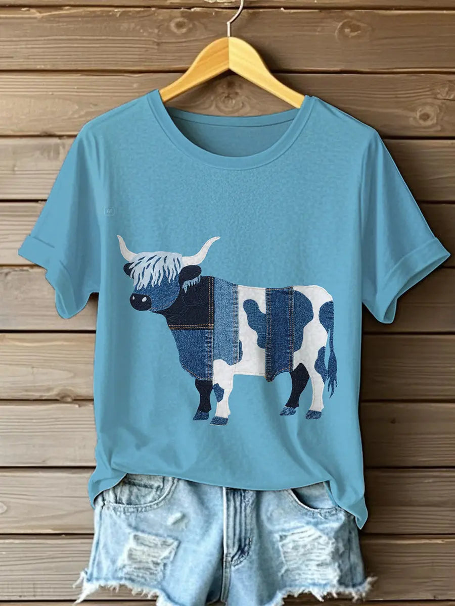 Women's Denim Highland Cow T-shirt trupatriotic