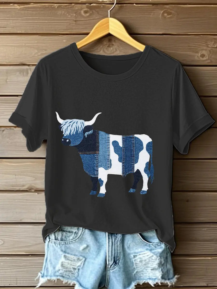 Women's Denim Highland Cow T-shirt trupatriotic
