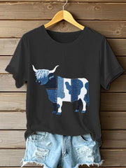 Women's Denim Highland Cow T-shirt trupatriotic
