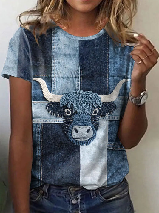 Women's Denim Highland Cow T-shirt trupatriotic